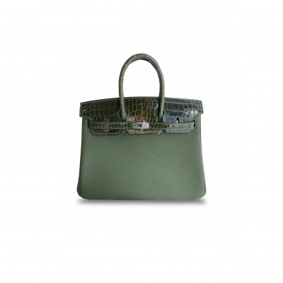 HERMÈS MASTER BIRKIN 25 CROCODILE AND TOGO LEATHER JUNGLE GREEN SILVER BUCKLE H076216CK39 (25*20*13cm)